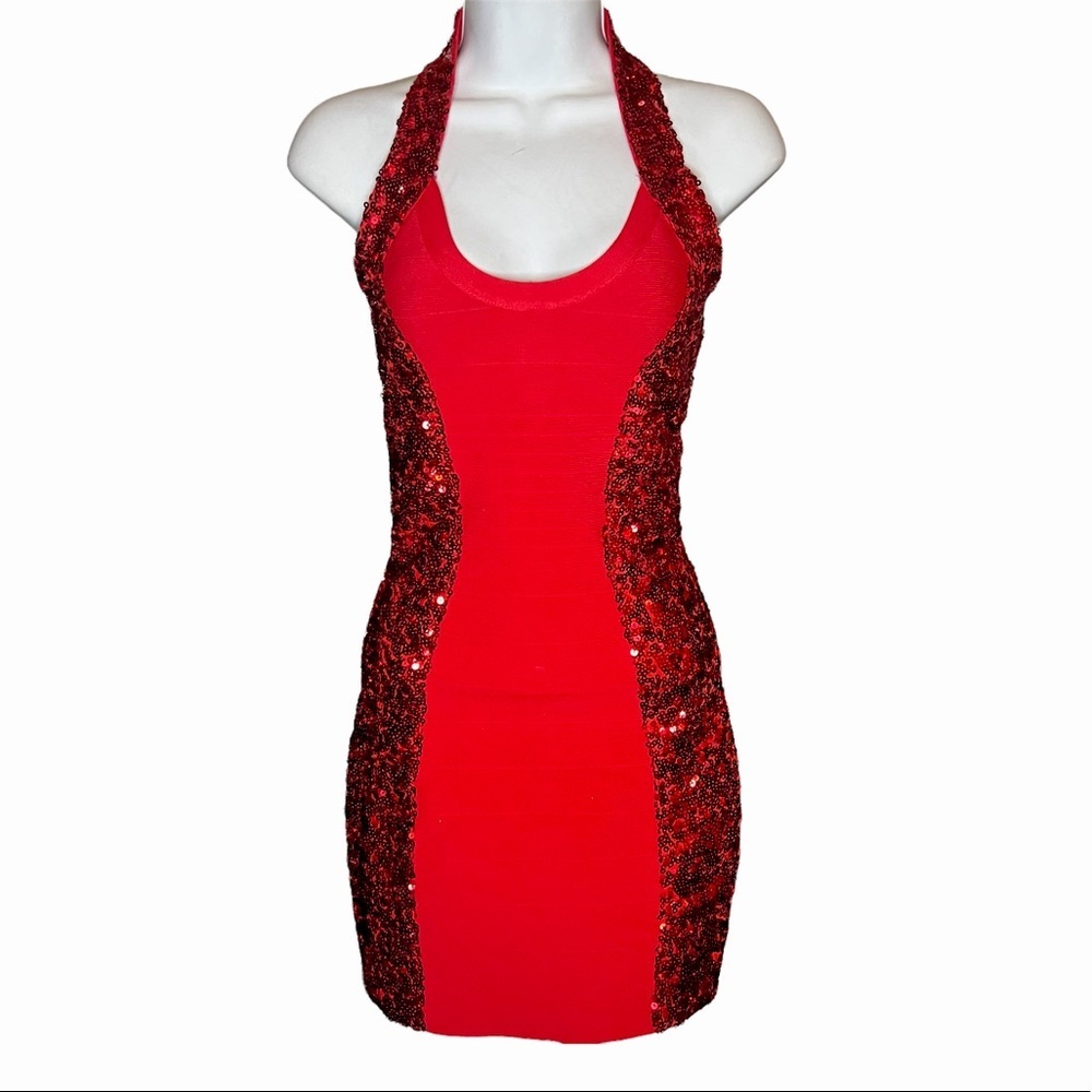 Guess Red bodycon sequins halter dress